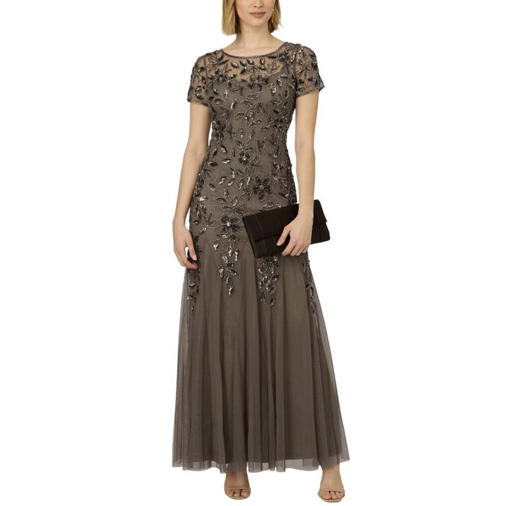 Adrianna Papell Womens Beaded Short Sleeve Floral Godet Gown 2 Lead - NWT $300